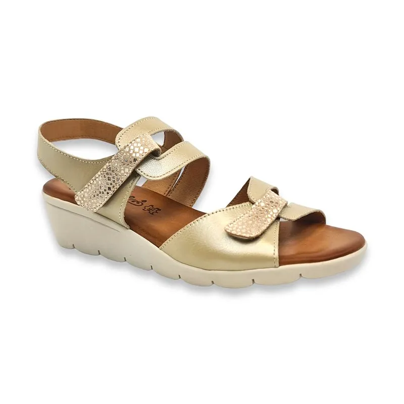 Amelie Low Wedge Sandals with Cushioned Insole and Velcro Closure in Beige Leather for Women (855-1)