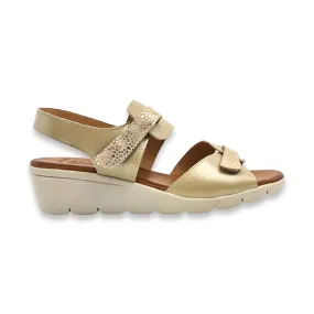 Amelie Low Wedge Sandals with Cushioned Insole and Velcro Closure in Beige Leather for Women (855-1)