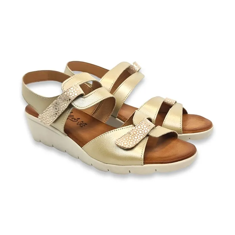 Amelie Low Wedge Sandals with Cushioned Insole and Velcro Closure in Beige Leather for Women (855-1)