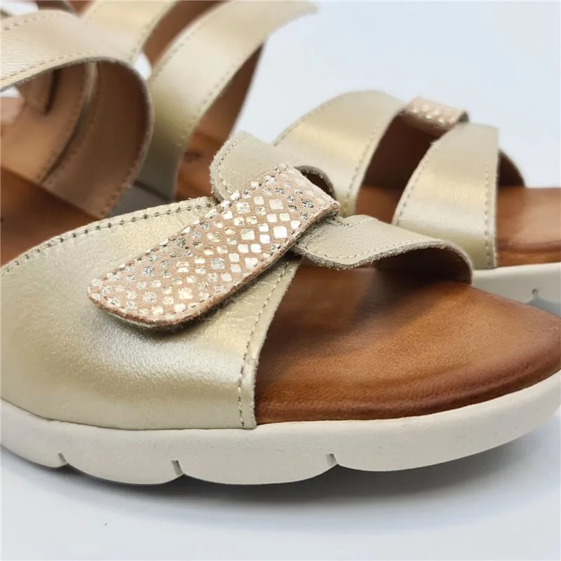 Amelie Low Wedge Sandals with Cushioned Insole and Velcro Closure in Beige Leather for Women (855-1)