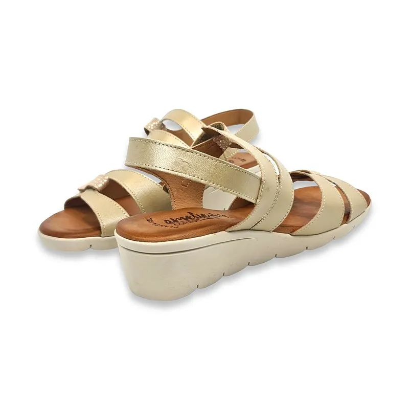 Amelie Low Wedge Sandals with Cushioned Insole and Velcro Closure in Beige Leather for Women (855-1)