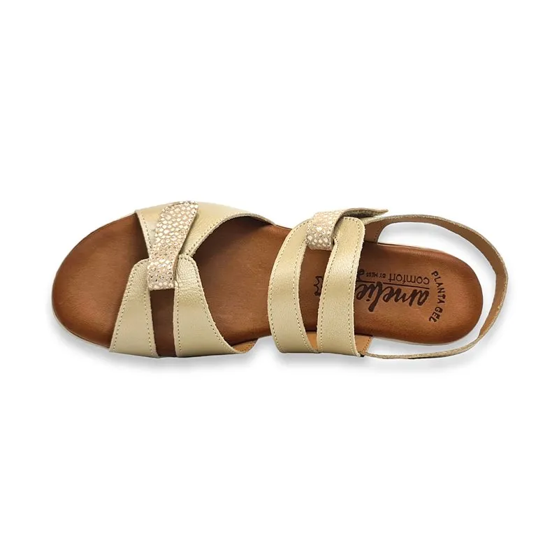 Amelie Low Wedge Sandals with Cushioned Insole and Velcro Closure in Beige Leather for Women (855-1)