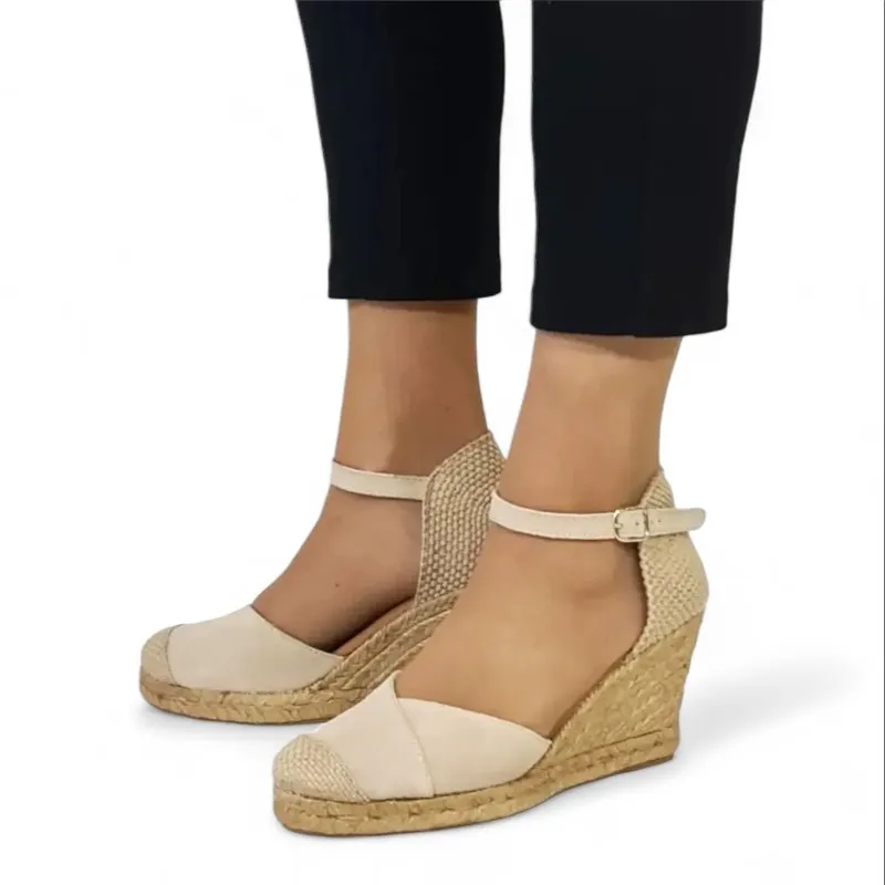 Beige High Wedge Espadrilles for Women with Metallic Leather Upper, Padded Insole 1502 by Blusandal