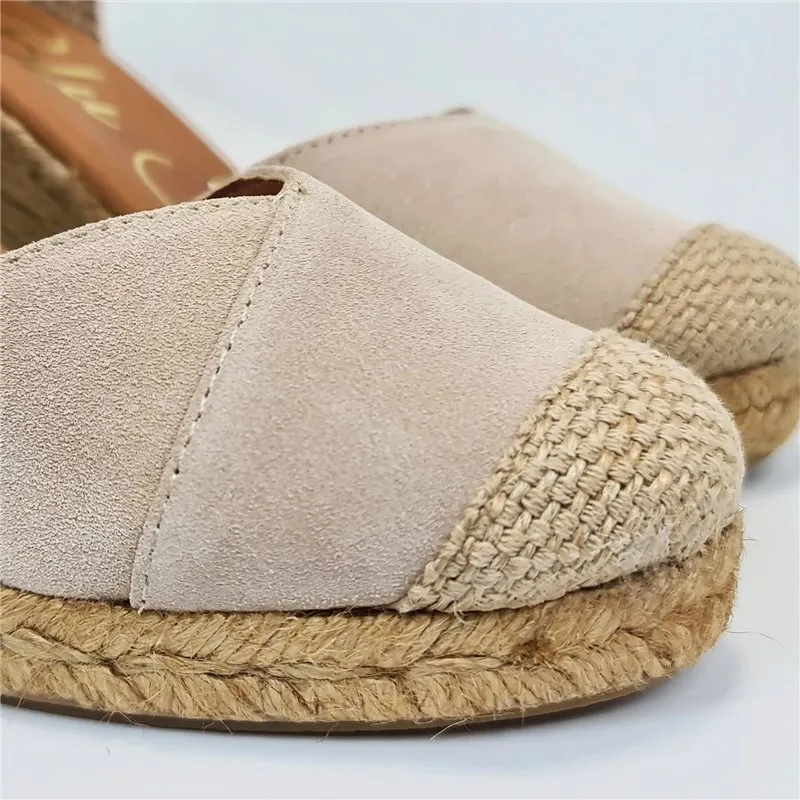 Beige High Wedge Espadrilles for Women with Metallic Leather Upper, Padded Insole 1502 by Blusandal