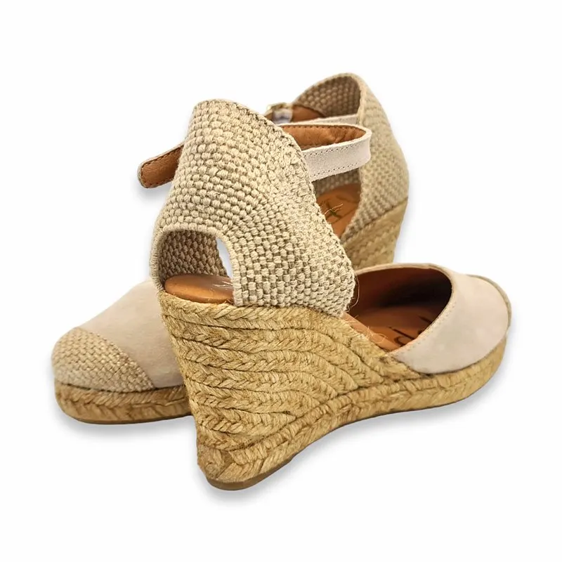 Beige High Wedge Espadrilles for Women with Metallic Leather Upper, Padded Insole 1502 by Blusandal