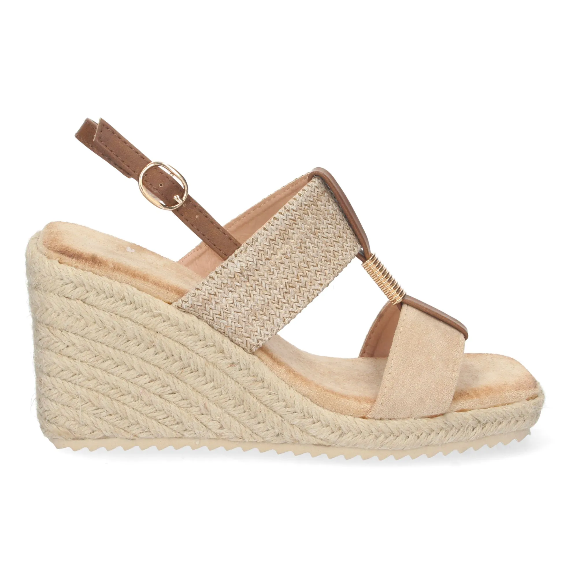 Beige wedge sandals with double jute strap for women.