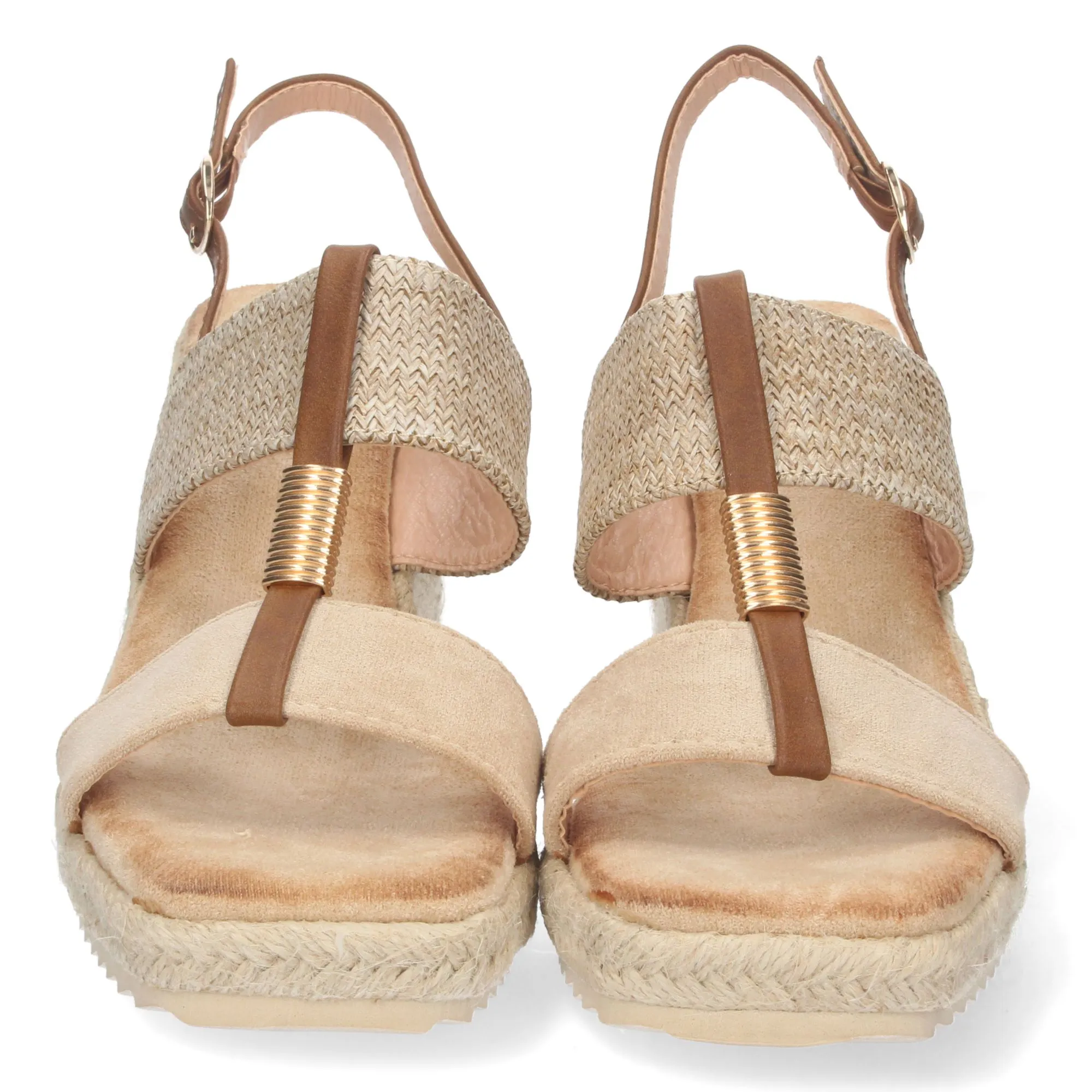 Beige wedge sandals with double jute strap for women.