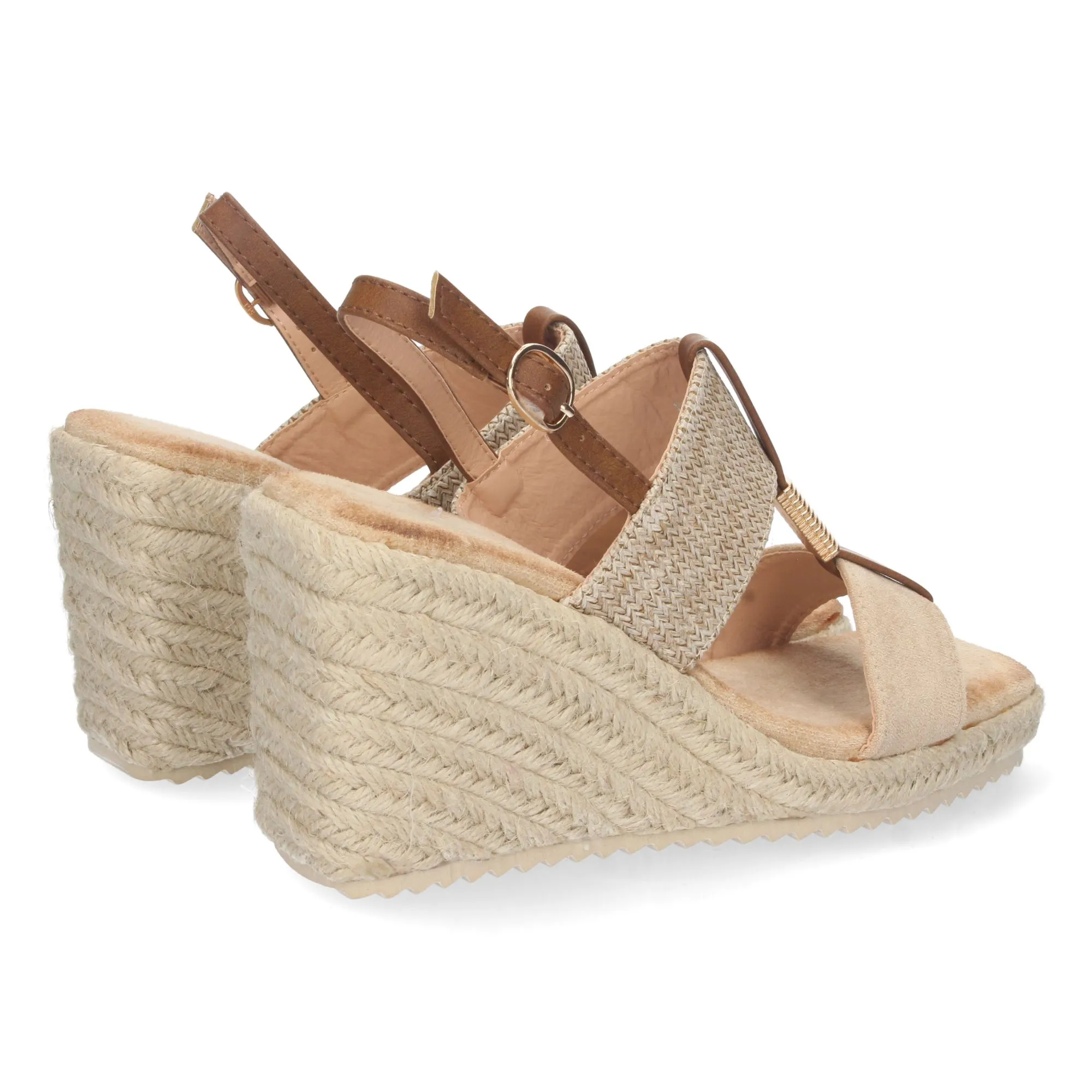 Beige wedge sandals with double jute strap for women.