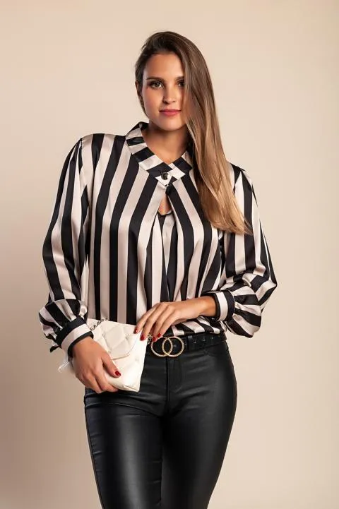 Blusa elegante con estampado de rayas, beige/negro