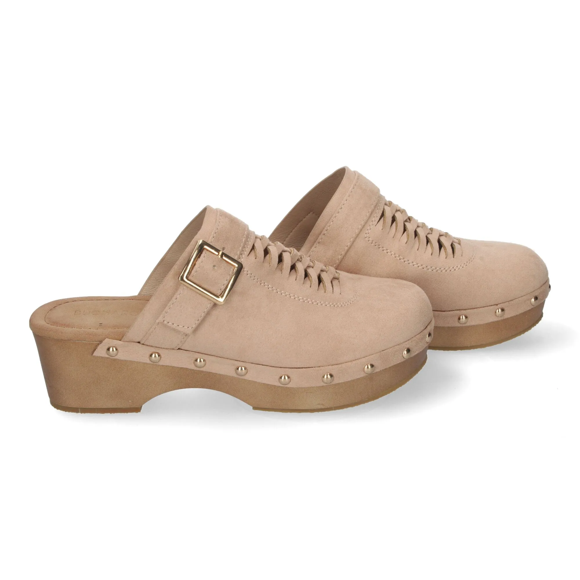 DB-3241 women's beige heeled clogs with platform, buckle, and studs.