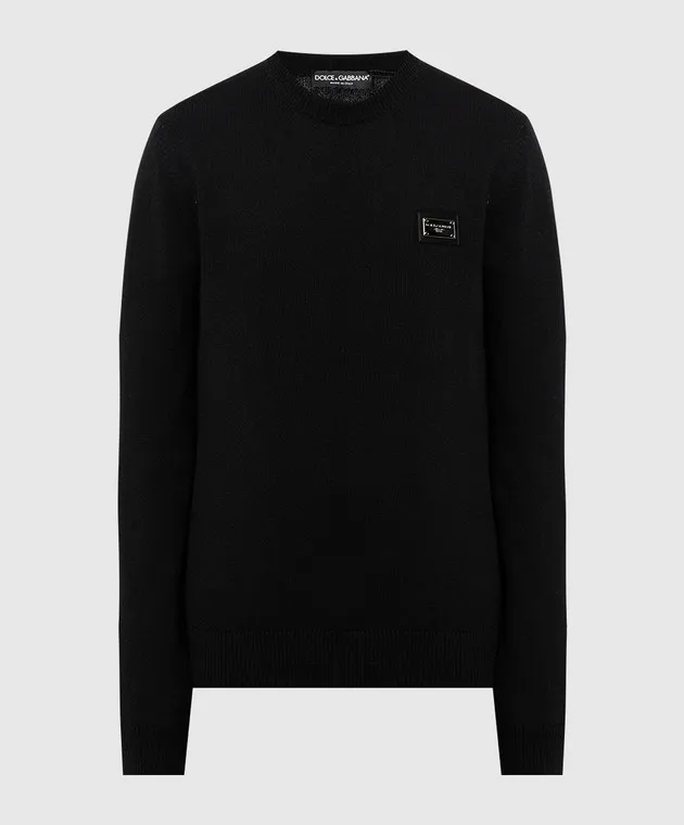 Black wool cashmere sweater logo patch