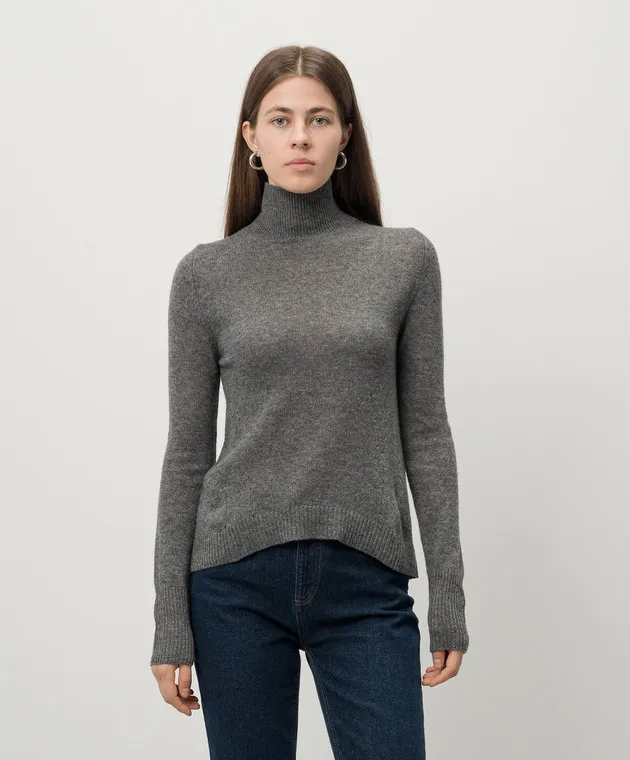 Dolcevita gray wool cashmere sweater metallic logo patch