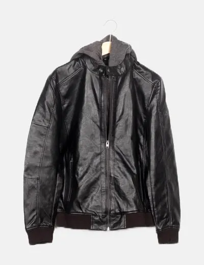 Black Hooded Jack & Jones Biker Jacket