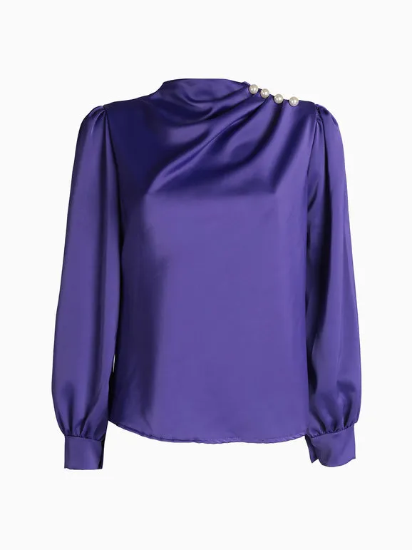 Jack Moda Blusa de mujer de raso con botones de perlas