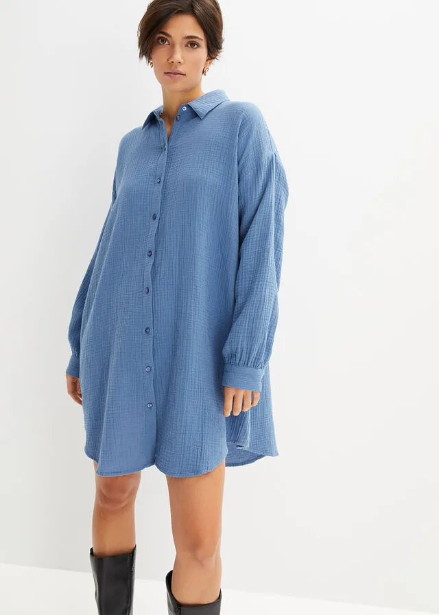 Denim Long Muslin Blusa