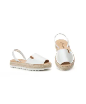 Woman's White Leather Menorcan Sandals with Jute Platform