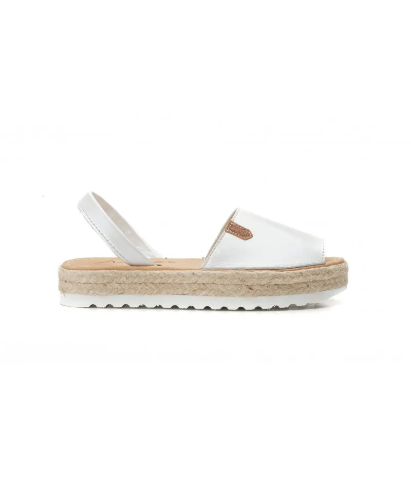 Woman's White Leather Menorcan Sandals with Jute Platform