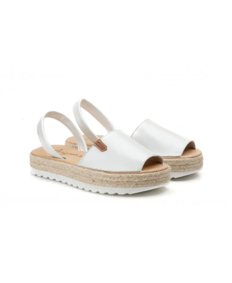 Woman's White Leather Menorcan Sandals with Jute Platform