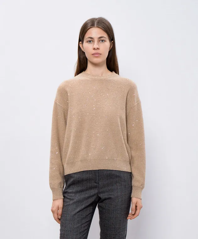 Peserico Beige wool cashmere sweater lurex sequins