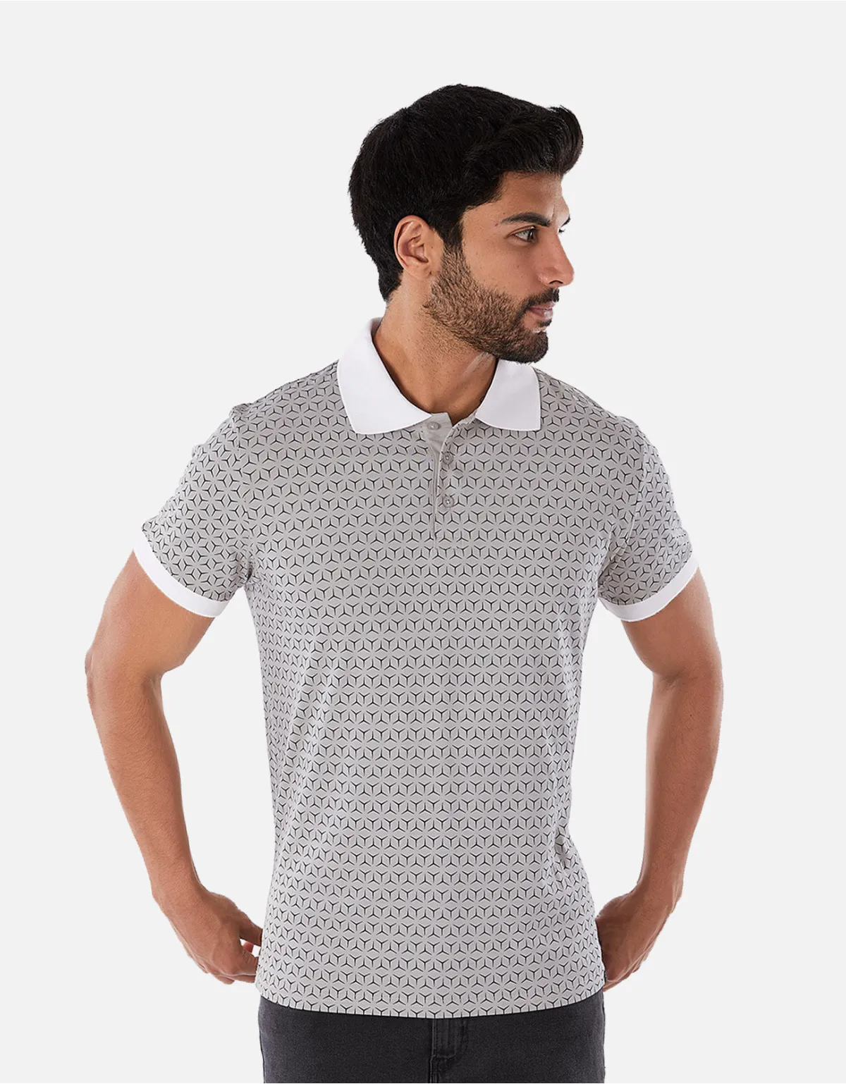 Slim Fit Grey Box Neck Polo