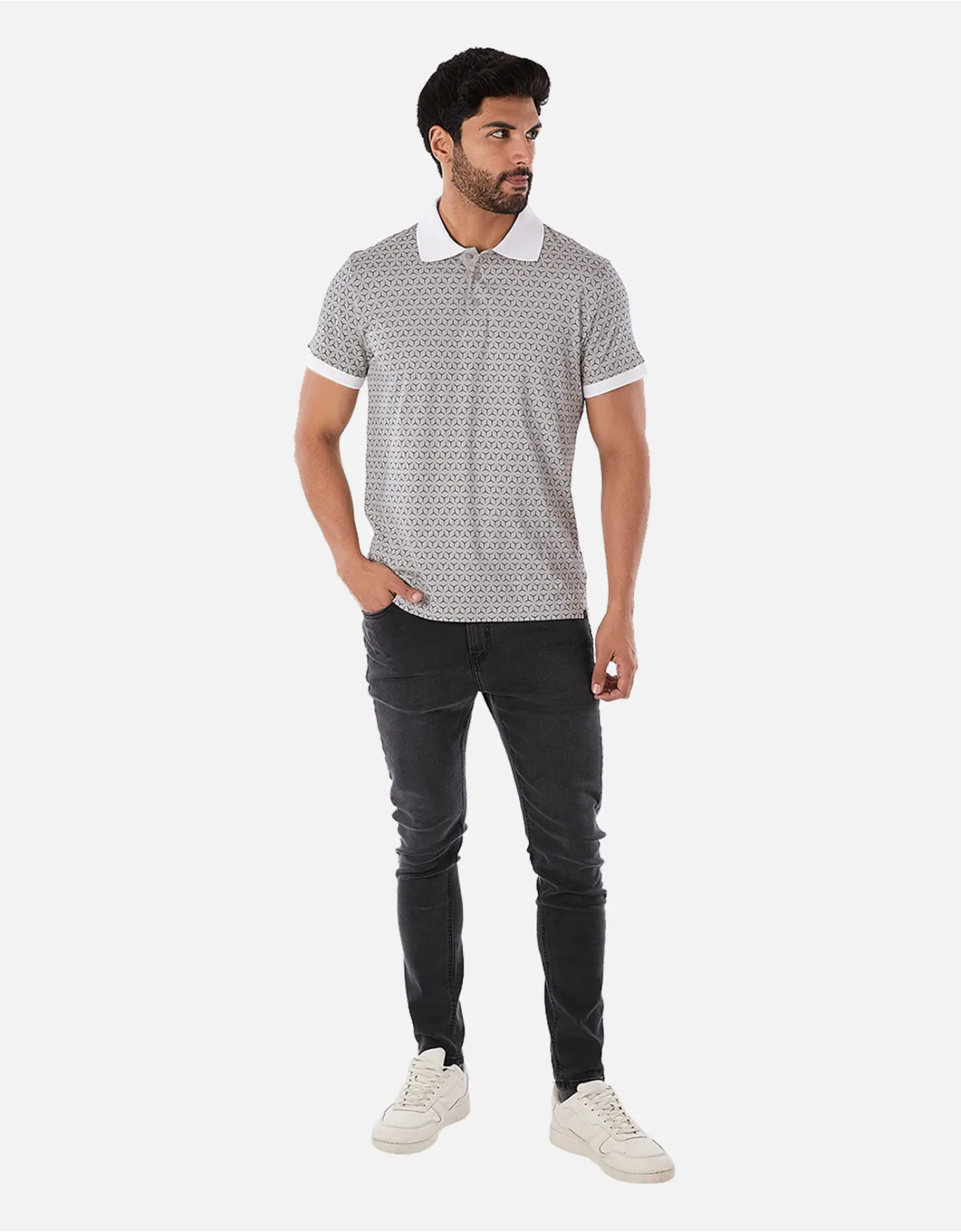 Slim Fit Grey Box Neck Polo