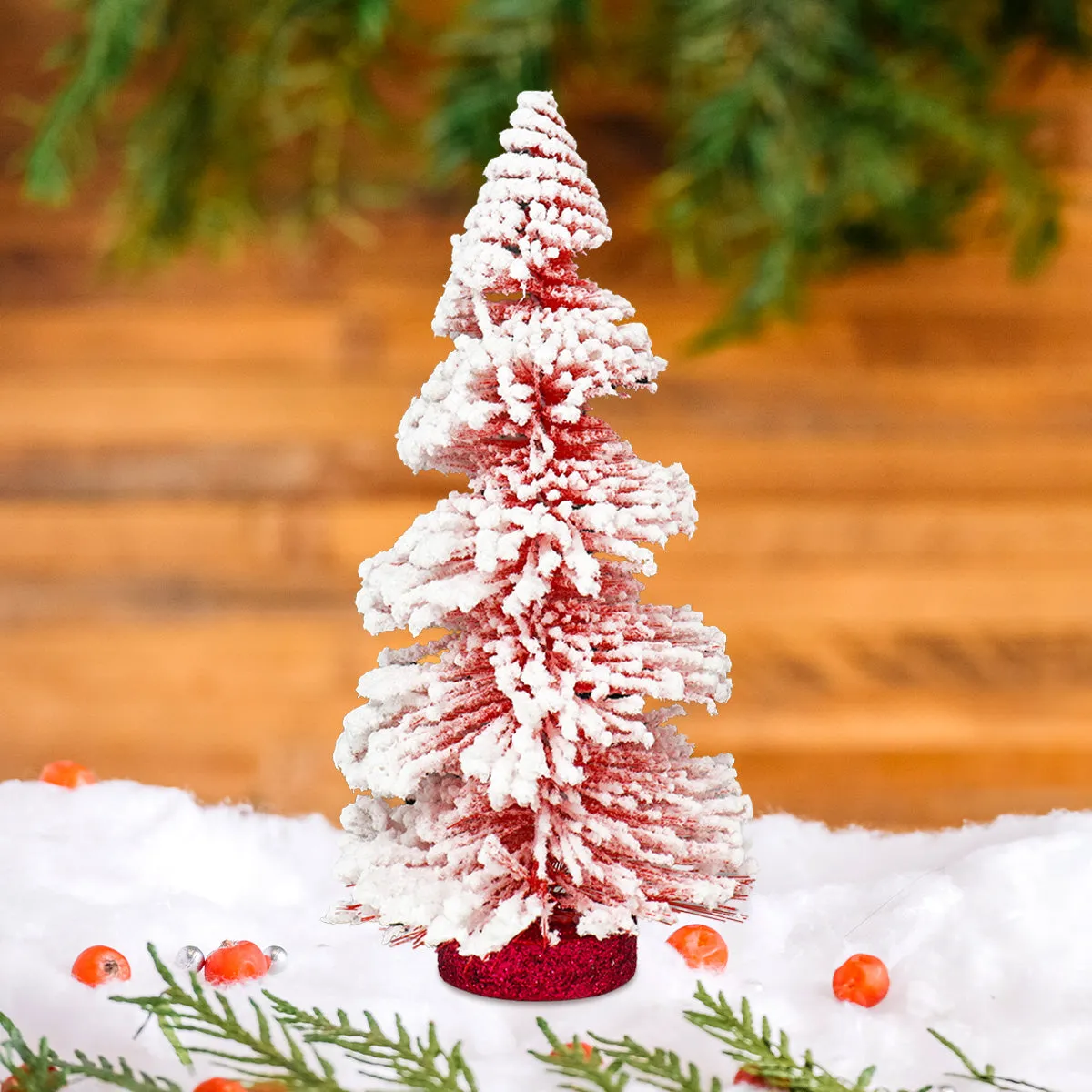 rbol Artificial color Rojo con Nieve para Decoración de Mesa