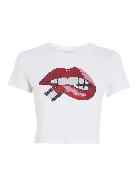 Tommy Jeans women's white slim crop top lips