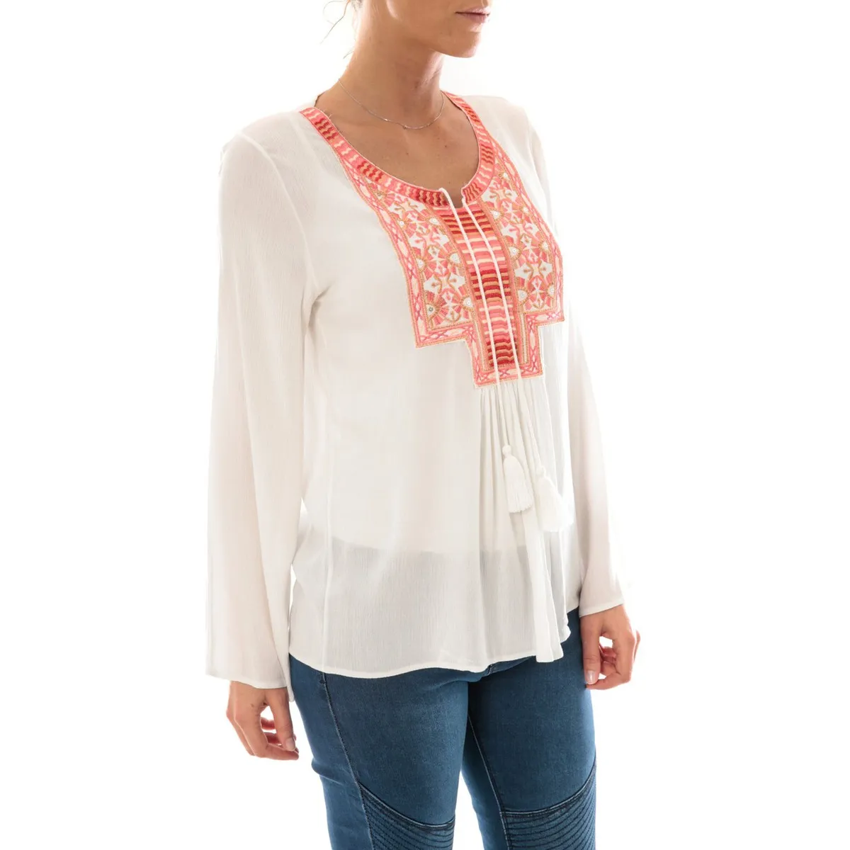 Pink and White Coral Embroidery Top