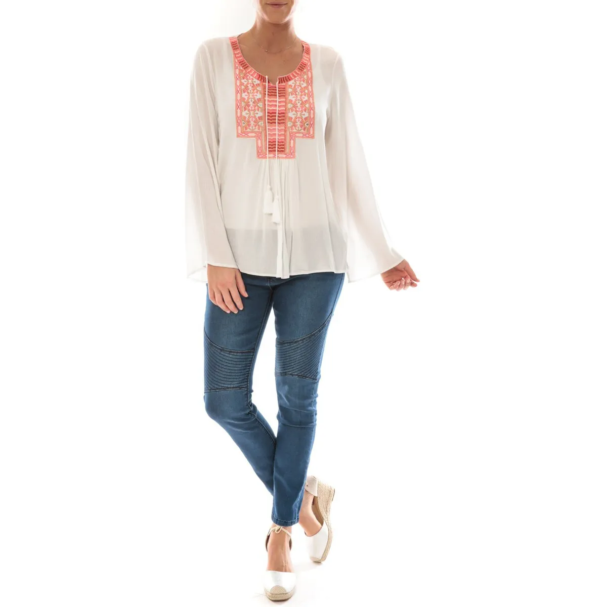 Pink and White Coral Embroidery Top