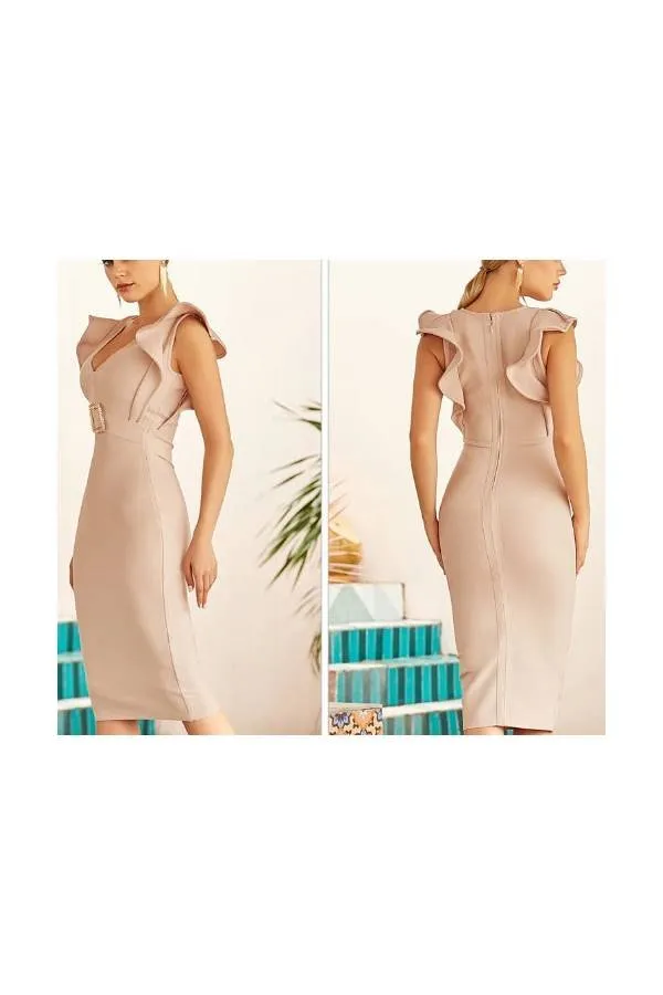 Creamy Bandage Dress with Ruffled Sleeves