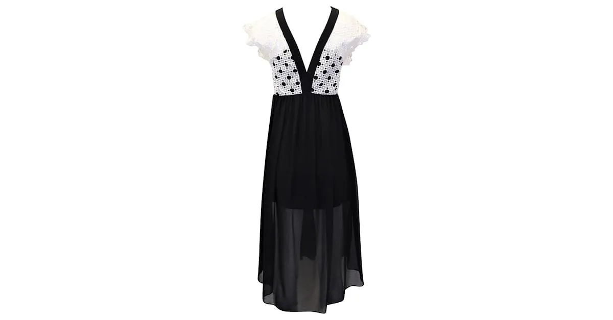 Vestido midi con ribete de encaje en poliéster blanco y negro de Sandro Paris 