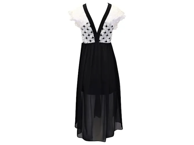 Vestido midi con ribete de encaje en poliéster blanco y negro de Sandro Paris 