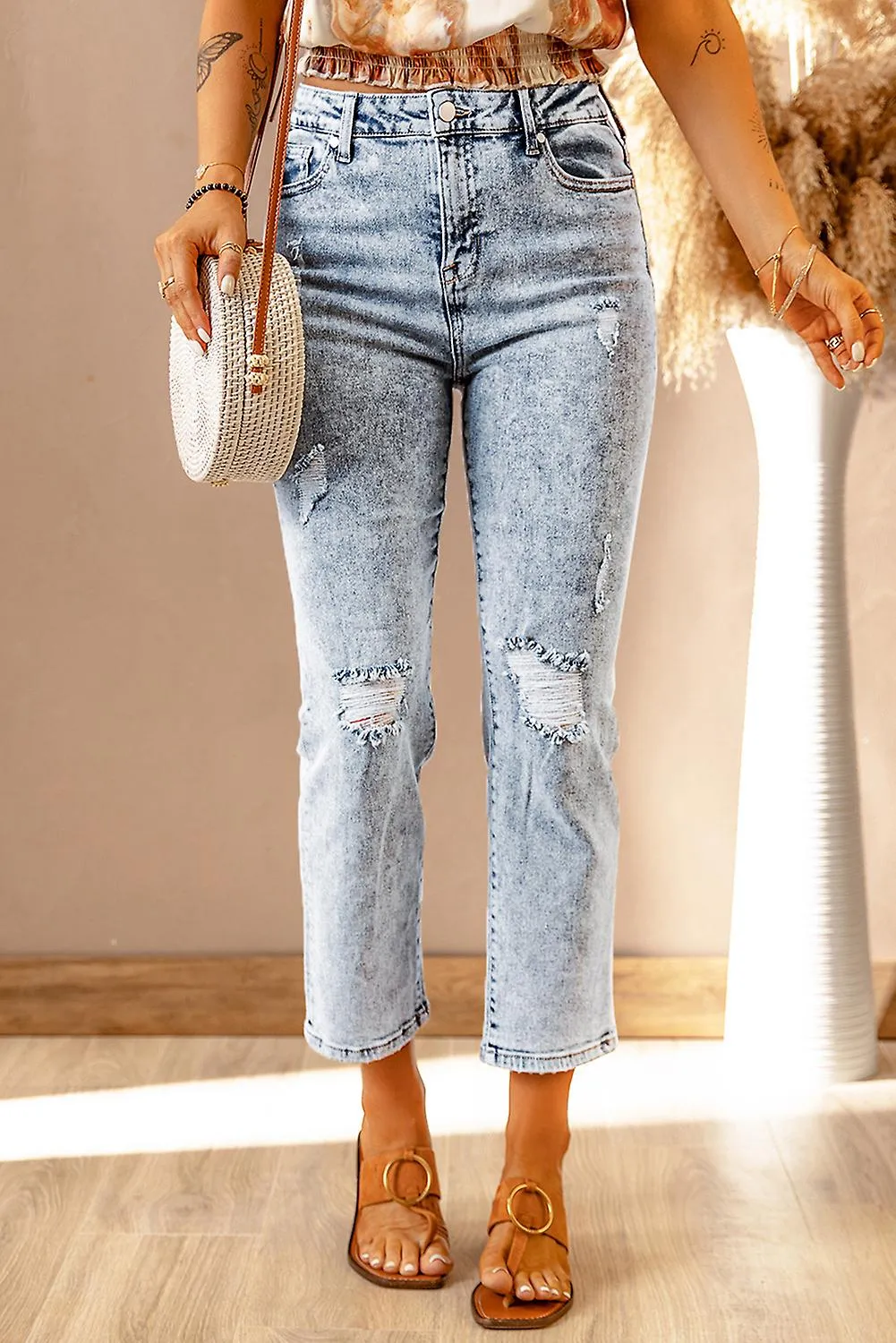 Women's Sky Blue Ripped Straight Leg Jeans