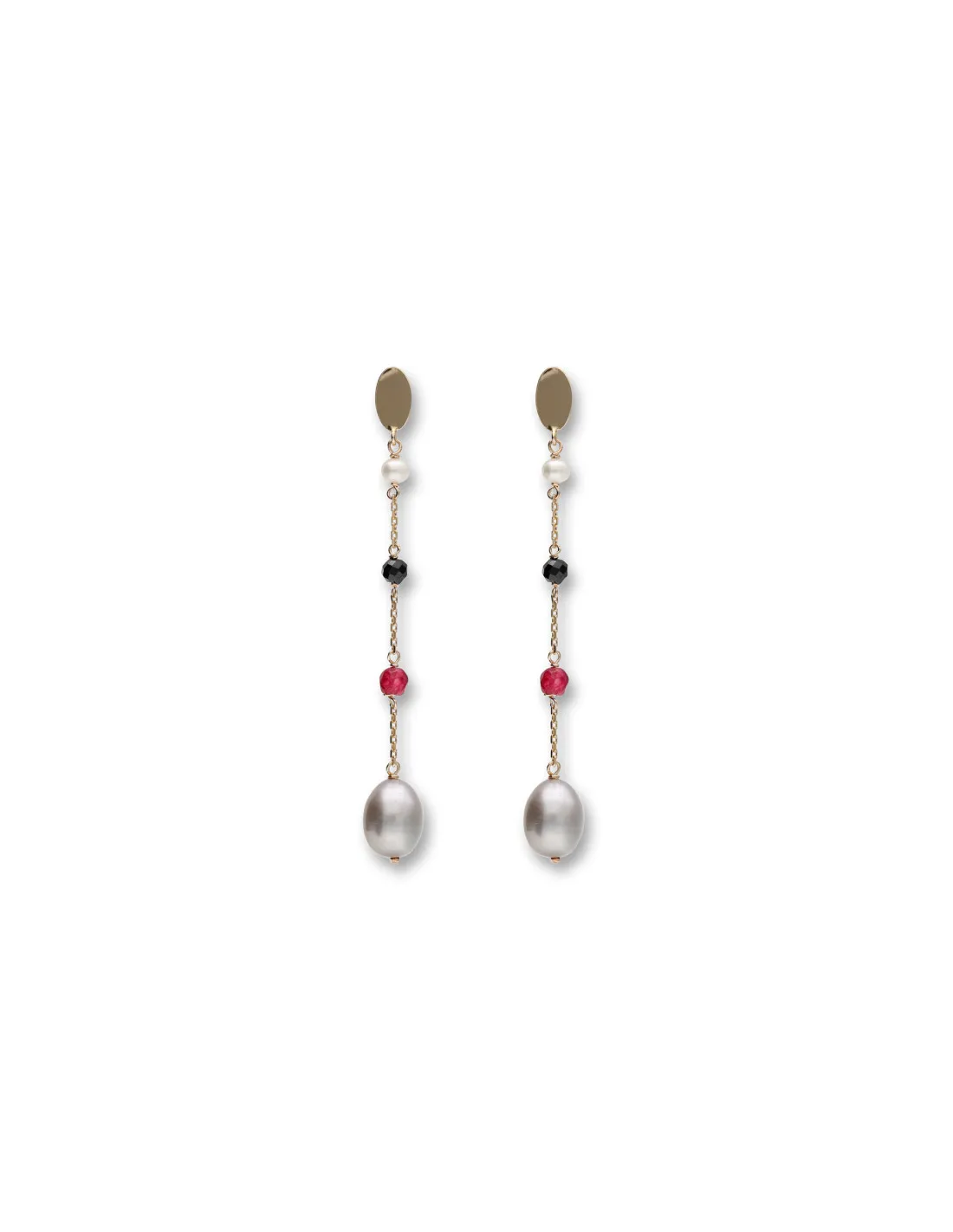 Yellow Gold Earrings with Spinel, Jade, and Pearls