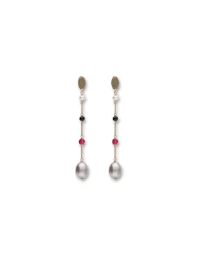 Yellow Gold Earrings with Spinel, Jade, and Pearls