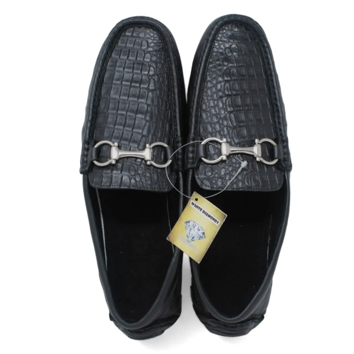 Zapatos Mocasines de Cocodrilo Original Color Negro White Diamonds WD-406